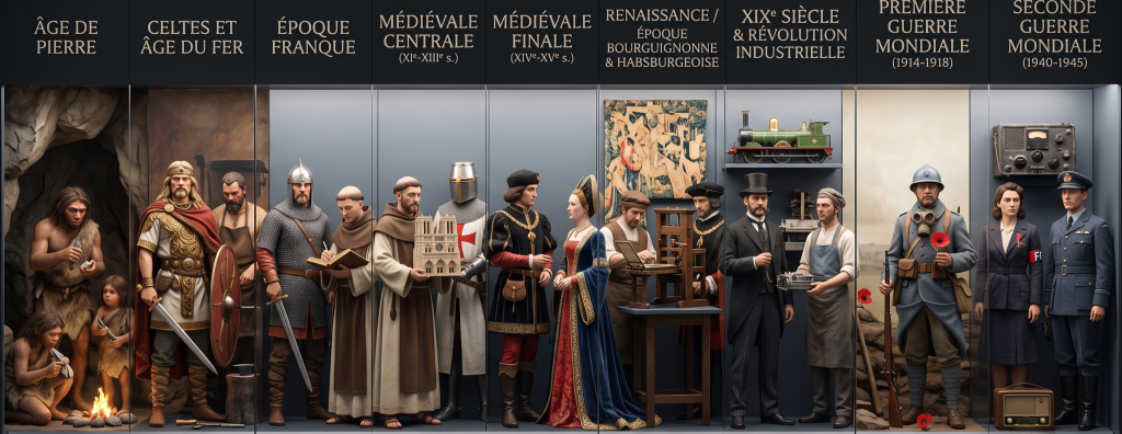 Frise chronologique détaillée en huit panneaux, du Néolithique à la Seconde Guerre Mondiale.